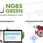 NGBS Green logo beside AutoHot hot water recirculation controllers, pump and remote monitoring dashboard